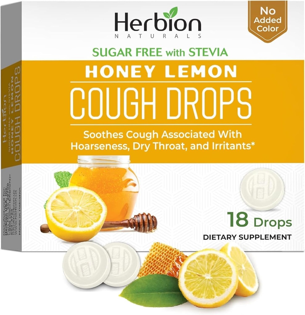 HERBION Naturals Cough Drops, Sugar-Free with Stevia, Dietary Supplement, Soothes Cough, for Adults & Children Over 6 Years, 25 Drops Each (18 Count (Pack of 1), Honey Lemon)