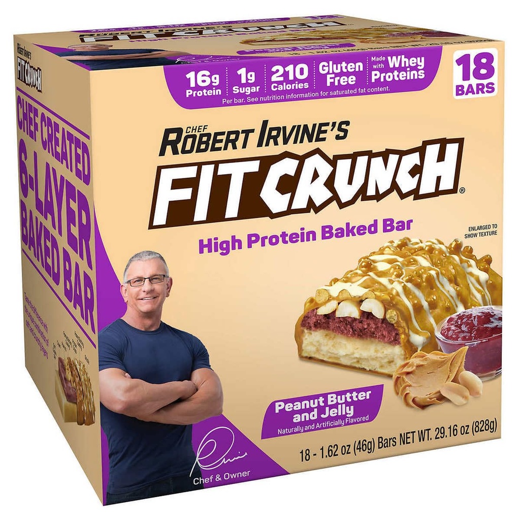 FITCRUNCH Snack size Protein Bars, 6-Layer Baked Bar, 1g de sucre, sans gluten et de noyau de gâteau doux (18 barres, beurre d'arachide et gelée)