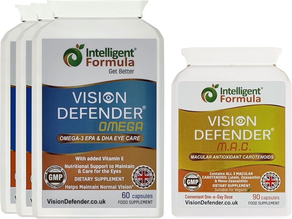 Vision Defender MAC & Omega Ensemble général de santé oculaire (90 jours d'approvisionnement). Supplément de vitamines pour les yeux Comprend les caroténoïdes Lutéine, Zeaxanthin, Oméga-3 (DHA, EPA). Made in UK par Eye Specialists