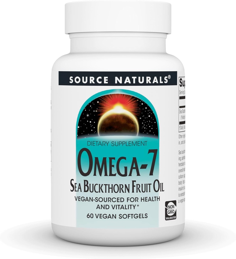 Source Naturals Omega-7 Sea Buckthorn Fruit Oil, Non-GMO, Vegan-Sourced for Health and Vitality* - 60 Vegan Softgels