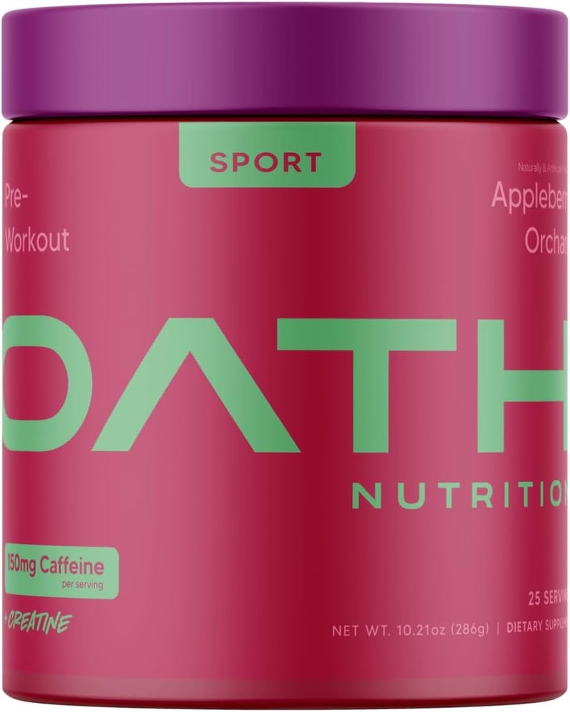 Oath Nutrition Sport Sucre sans poudre de pré-entraînement, verger aux pommes, contient de la créatine monohydratée, caféine et bêta alanine, poudre de pré-entraînement pour les femmes et les hommes, 25 portions