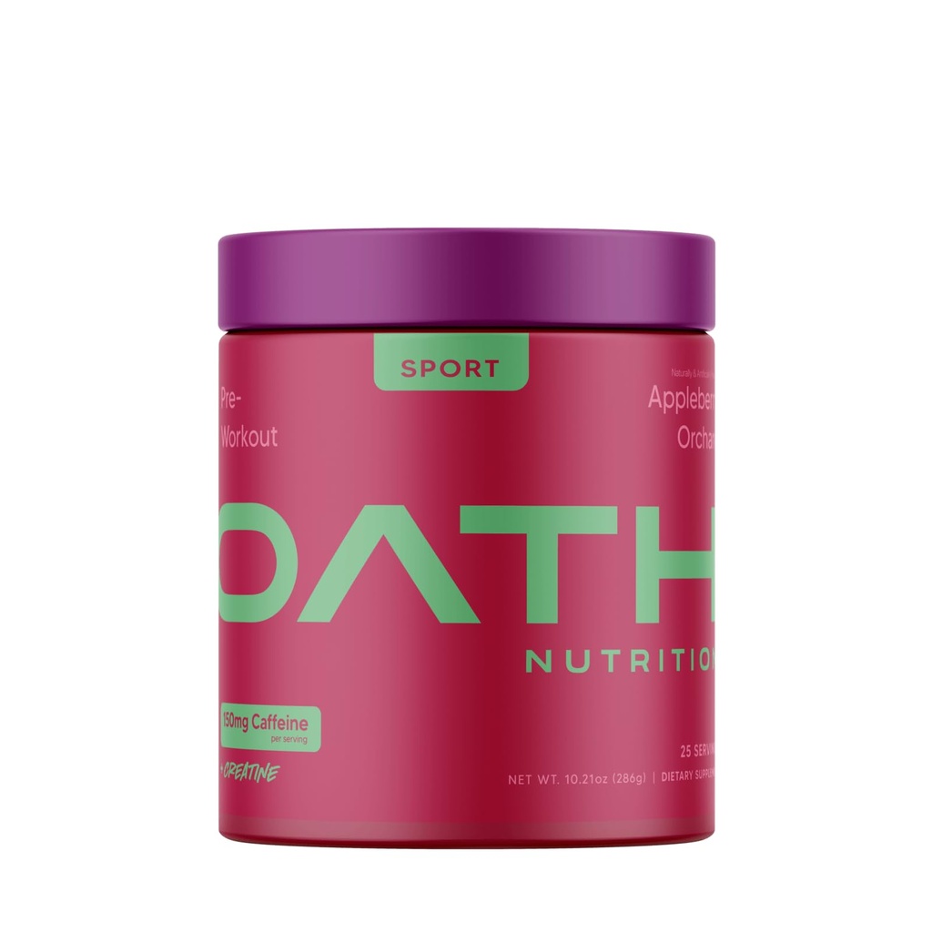 Oath Nutrition Sport Sucre sans poudre de pré-entraînement, verger aux pommes, contient de la créatine monohydratée, caféine et bêta-alanine, poudre de pré-entraînement pour les femmes et les hommes, 25 portions