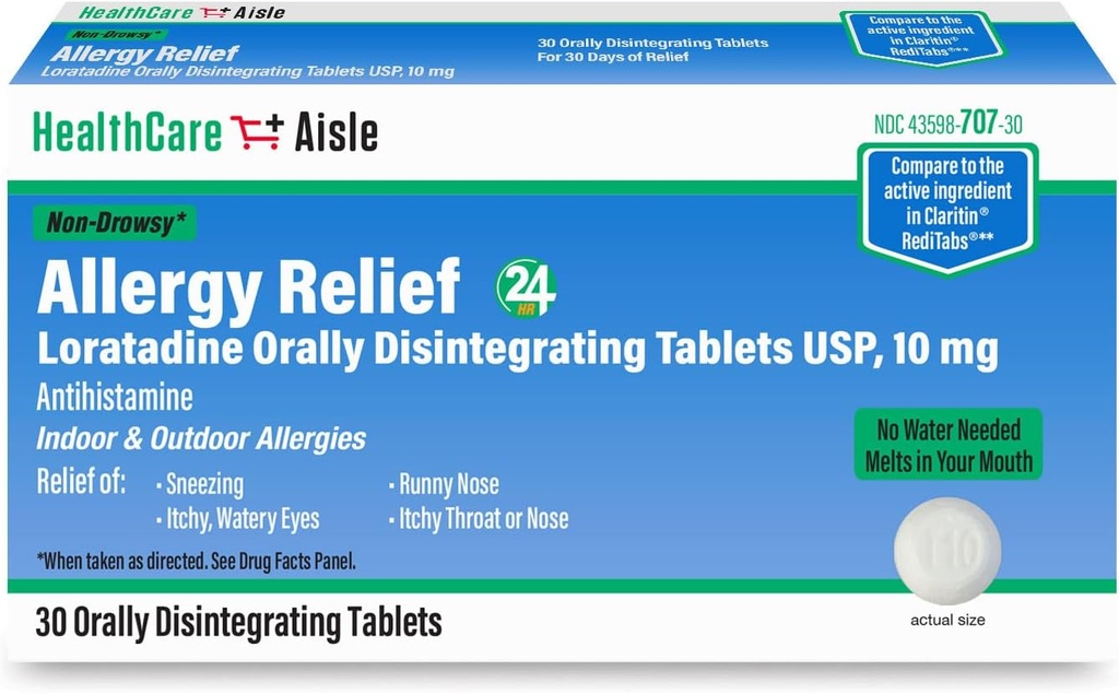 HealthCareAisle Allergy Relief - Loratadine 10 mg Comprimés désintégrés par voie orale USP - 30 Comprimés - Médicaments antiallergiques d'origine sur ordonnance, 24 heures sur 24