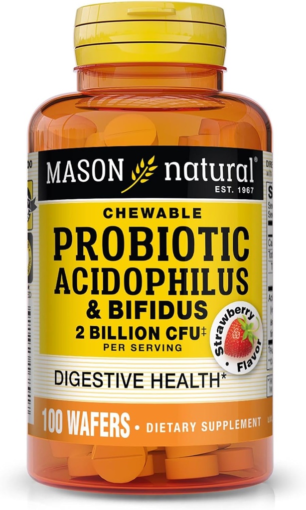 MASON NATURAL Probiotic Acidophilus with Bifidus, 50 Day Supply, Supports Healthy Normal Digestion, Strawberry Flavor, 100 Chewable Wafers