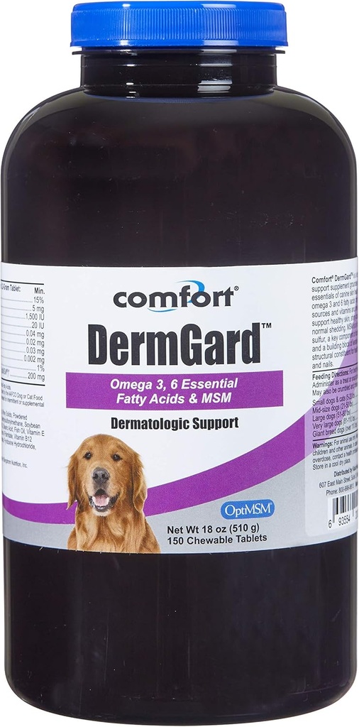 Kala Health Comfort DermGard Skin and Coat Supplement for Dogs, 150 Compte, soutient une peau saine, brillant et réduit l'effusion excessive, contient MSM, huile de poisson et oméga 3, 6 et 9 acides gras essentiels