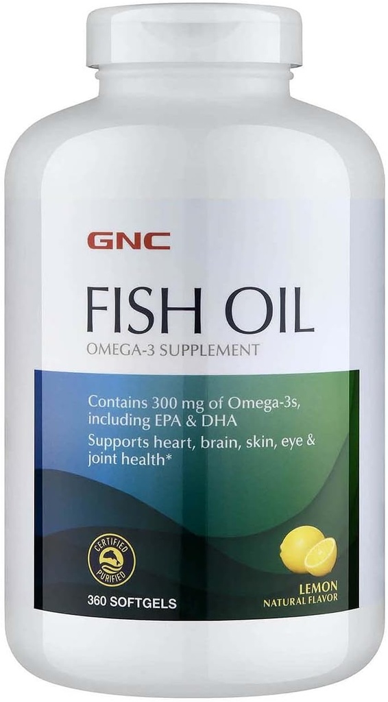 Supplément à l'huile de poisson Oméga 3, 300mg EPA et DHA, Saveur de citron, soutient le cœur, le cerveau, la peau, les yeux et la santé articulaire, 360 Softgels, 360 portions