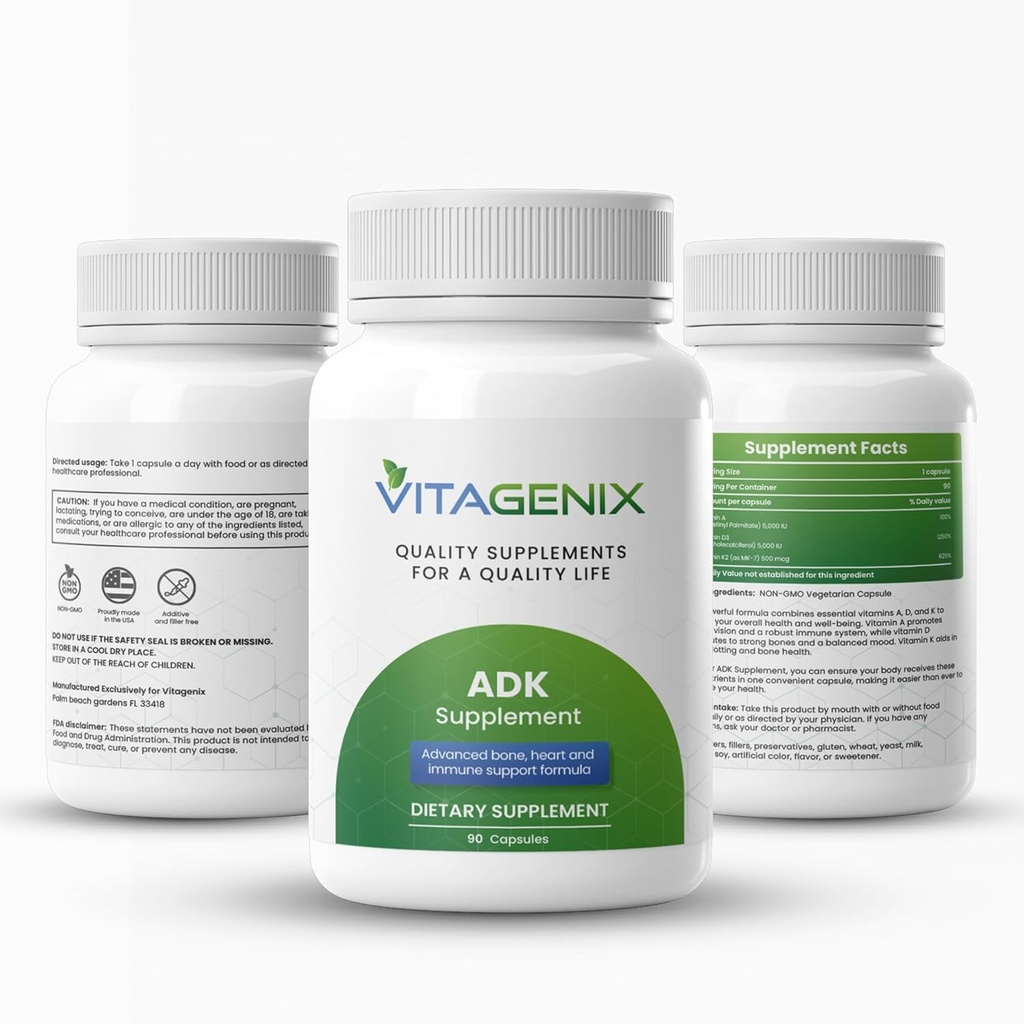 ADK 10 - Supplément Vitamine A, D3 et K2 pour les hommes et les femmes - Vitamine haute puissance ADK - aide à soutenir la santé immunitaire, osseuse et cardiaque - 90 capsules
