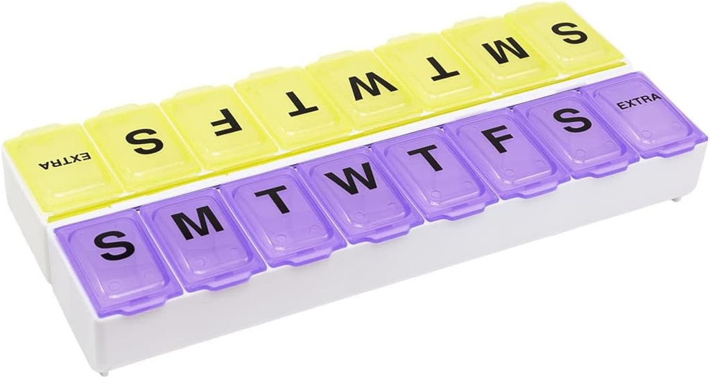 EZY DOSE Weekly (14 jours) Organisateur de pilules, boîte de vitamines et de médicaments, grands compartiments à snaps, facile à ouvrir, sans BPA, violet et jaune