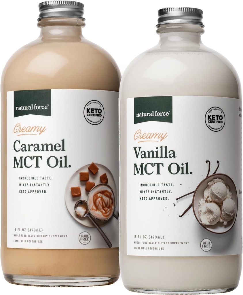 Vanille crémeuse de force naturelle + mélange d'huile MCT de caramel crémeux – sans gluten, sans OGM, MCT aromatisés émulsifiés de noix de coco biologiques – Keto, Paléo et Vegan – 2x 16 bouteilles de verre d'Once