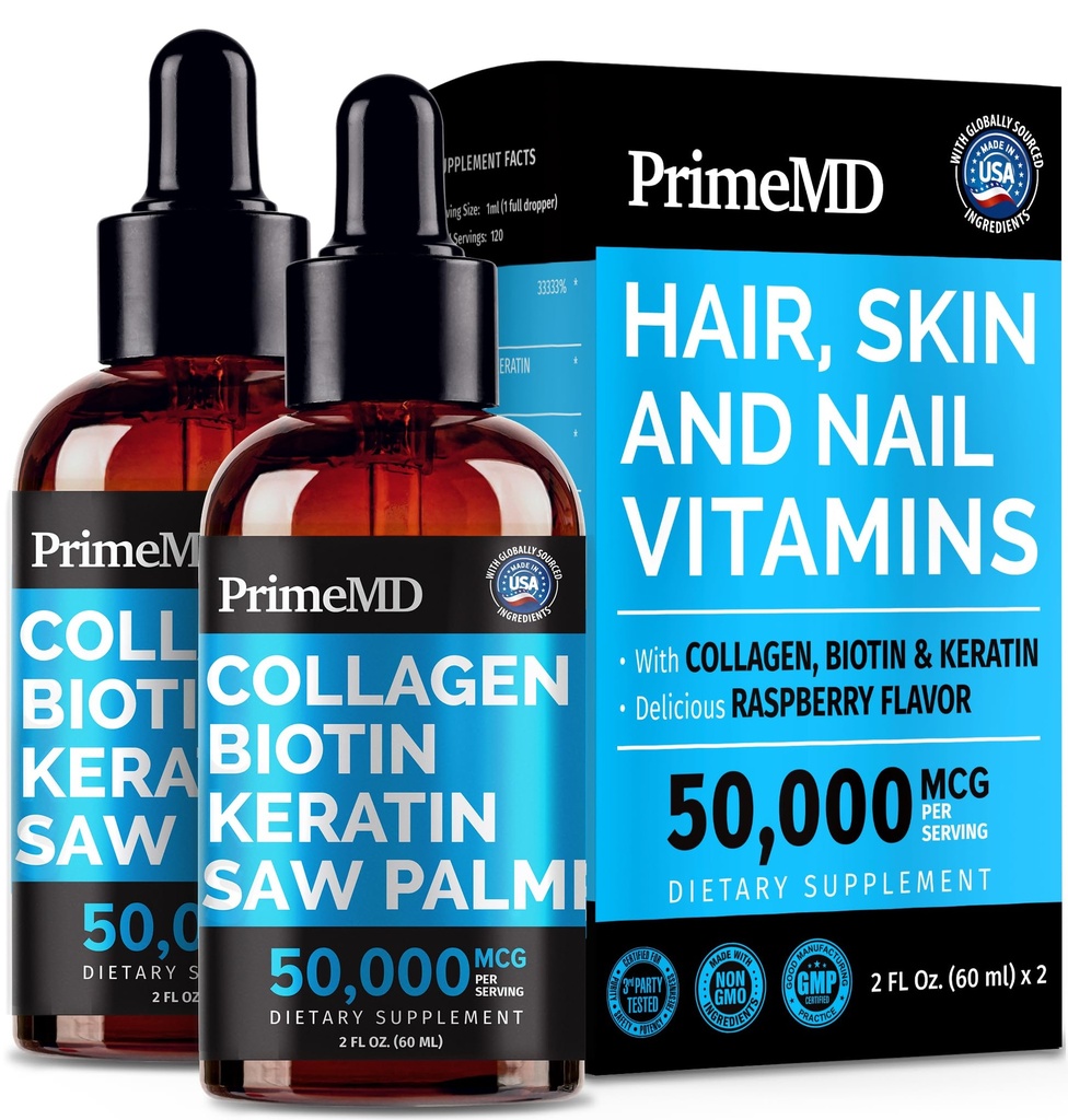 Peptides de collagène liquide pour femmes - Complexe sérique avec vitamine biotine, protéine de kératine hydrolysée et Palmetto de scie - Formule complète pour le bien-être des cheveux, de la peau et des ongles - 2fl oz (paquet de 2)