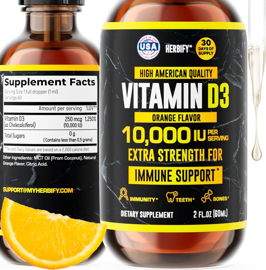 HERBIFY Vitamin D3 10000 IU - Made in USA Liquid Vitamin D Drops - Bone Strength and Immune Support Supplement - Sunshine Replacement - D3 Vitamin Bone and Teeth Supplement - 2 Oz