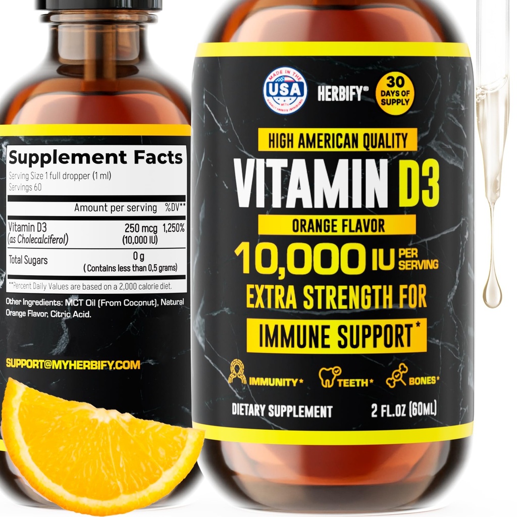 HERBIFY Vitamine D3 10000 UI - Fabriqué aux États-Unis Liquid Vitamine D gouttes - Supplément de soutien osseux et immunitaire - Remplacement soleil - D3 Vitamine Bone and Teeth Supplément - 2 Oz