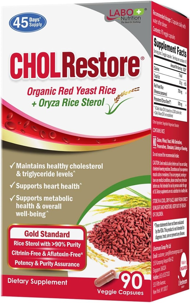 LABO Nutrition CHOLRestore – Riz de levure rouge avec supplément de Phytostérol pour la santé, soutient des niveaux sains de cholestérol, de citrine, d'aflatoxine et de soja, 90 capsules végétariennes