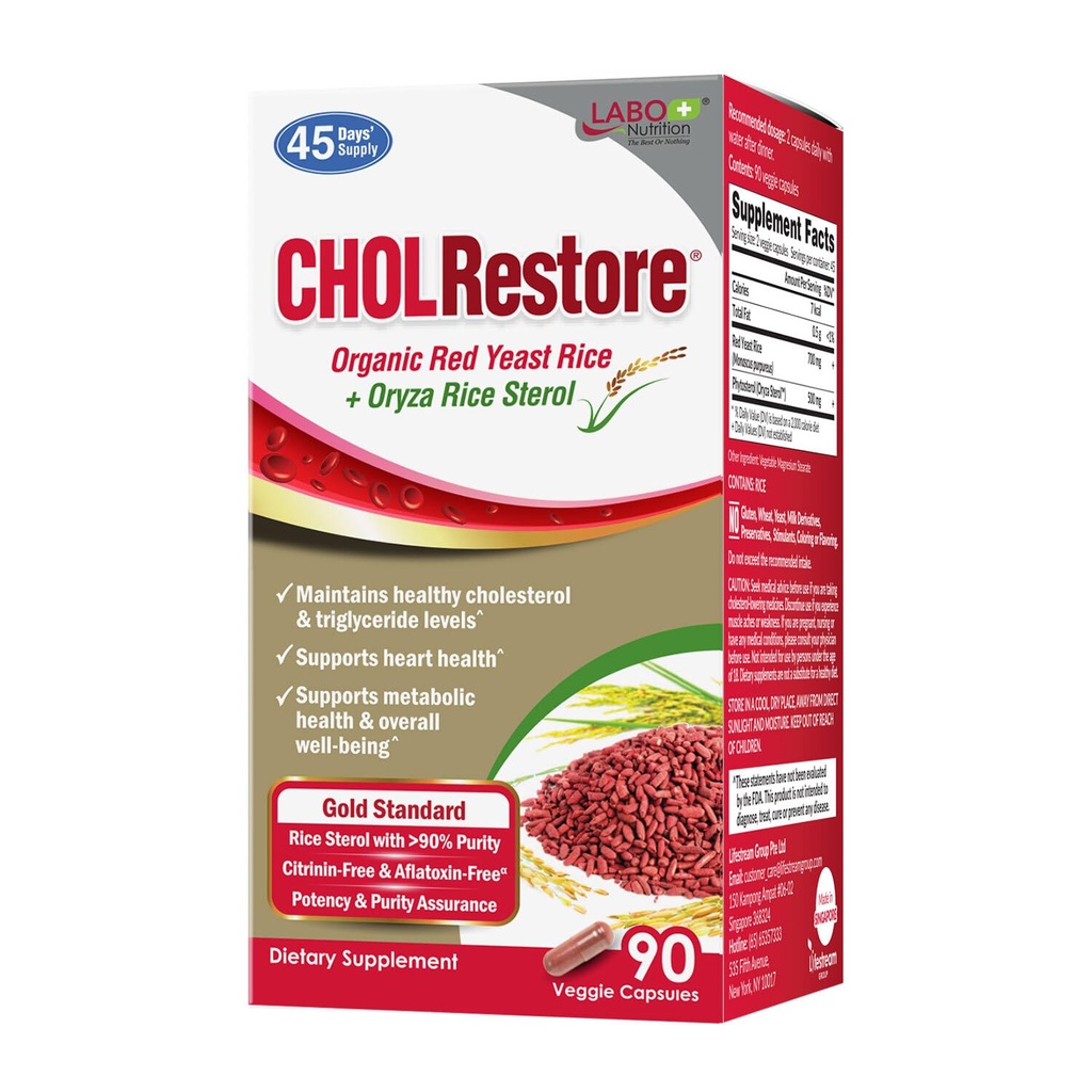 LABO Nutrition CHOLRestore – Riz de levure rouge avec supplément de Phytostérol pour la santé, soutient des niveaux sains de cholestérol, de citrine, d'aflatoxine et de soja, 90 capsules végétariennes