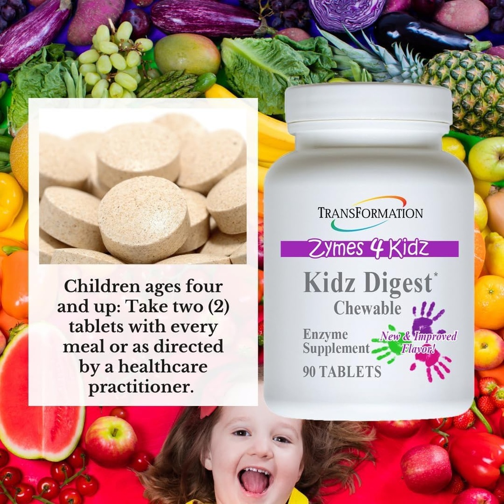TRANSFORMATION LE GÉNÉSIS DES BONNES Enzymes DE SANTÉ Kidz Supplément enzymatique digestif Chewable, promouvoir une digestion et élimination saine et complète pour les enfants, 90 comprimés