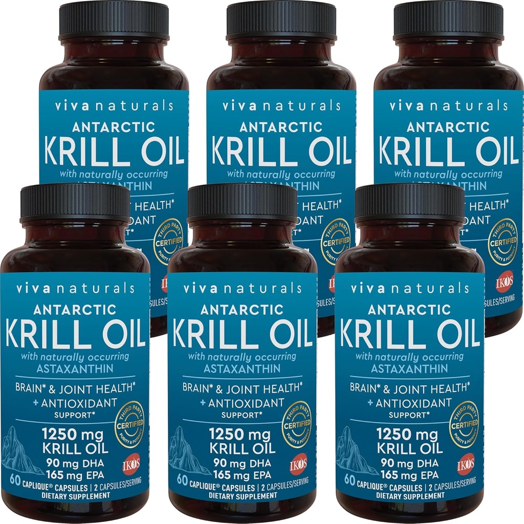 Viva Naturals Antarctic Krill Oil 1250 mg, Omega 3 EPA DHA et Astaxanthin, soutien articulaire et supplément cérébral avec propriétés antioxydantes, aucun arrière-goût de poisson (paquet de 6)