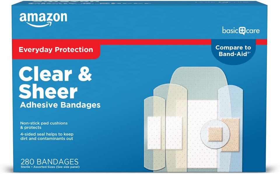   Basic Care Sheer and Clear Adhesive Bandages Family Variety Pack, First Aid and Wound Care Supplies, Assorted Sizes, 280 Count