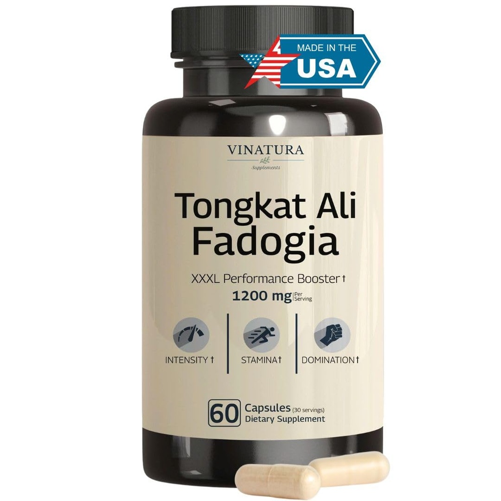 Tongkat Ali Fadogia Agresti - 1200mg, amélioré avec supplément d'oxydation nitrique, Longjack Tongkat Ali pour hommes, *USA fabriqué et testé*, 60 capsules