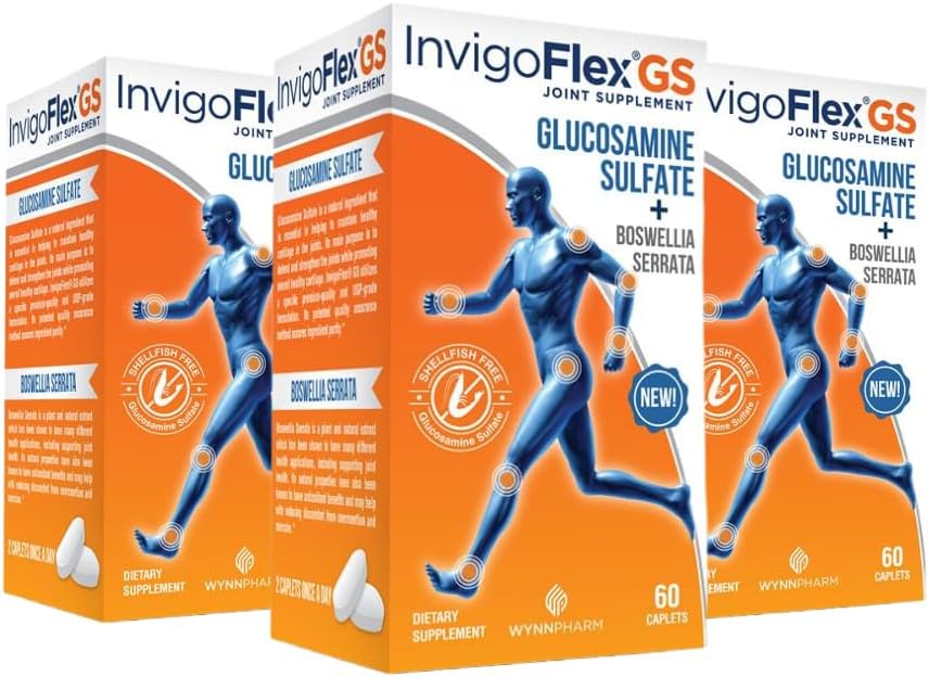 INVIGOFLEX Sulfate de glucosamine (sans shellfish, sans sodium et sans danger pour les végétariens) Non OGM, sans gluten - avec Boswellia Serrata - Supplément mixte Premium GS - 3 Pack