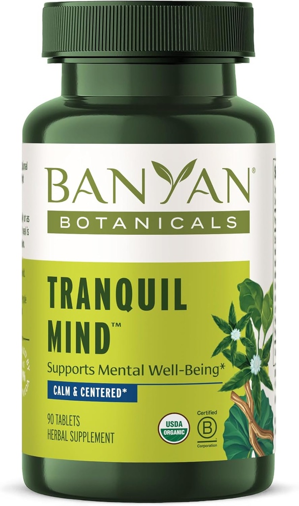 Banyan Botanicals Tranquil Mind – Supplément biologique avec Guduchi, Gotu Kola & Skullcap – soutient l'anxiété occasionnelle et favorise un sentiment de calme * – 90 comprimés – Vegan non-OGM source durable