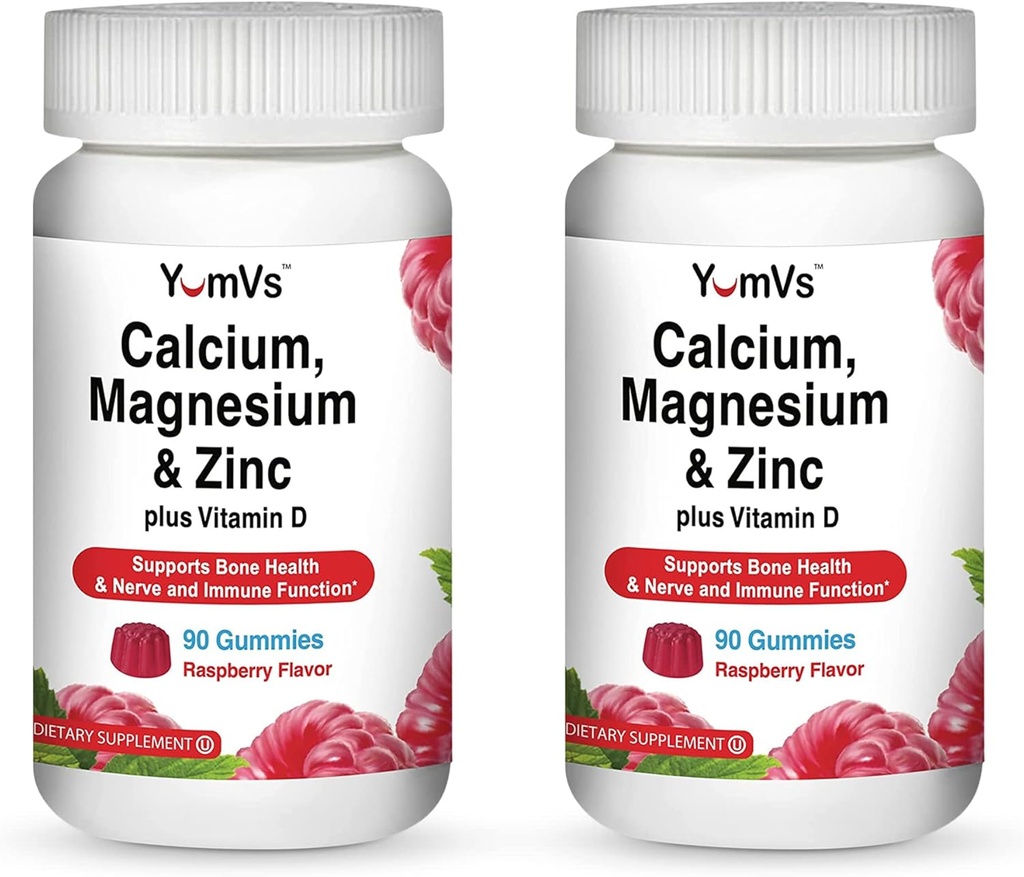 YUM-V'S Gommies de calcium, de magnésium, de zinc et de vitamine D (90 Nombre) - Gommies de calcium avec vitamine D3 + suppléments de zinc et de magnésium - Delicious Bone Health Gummy Supplément pour hommes, femmes et enfants