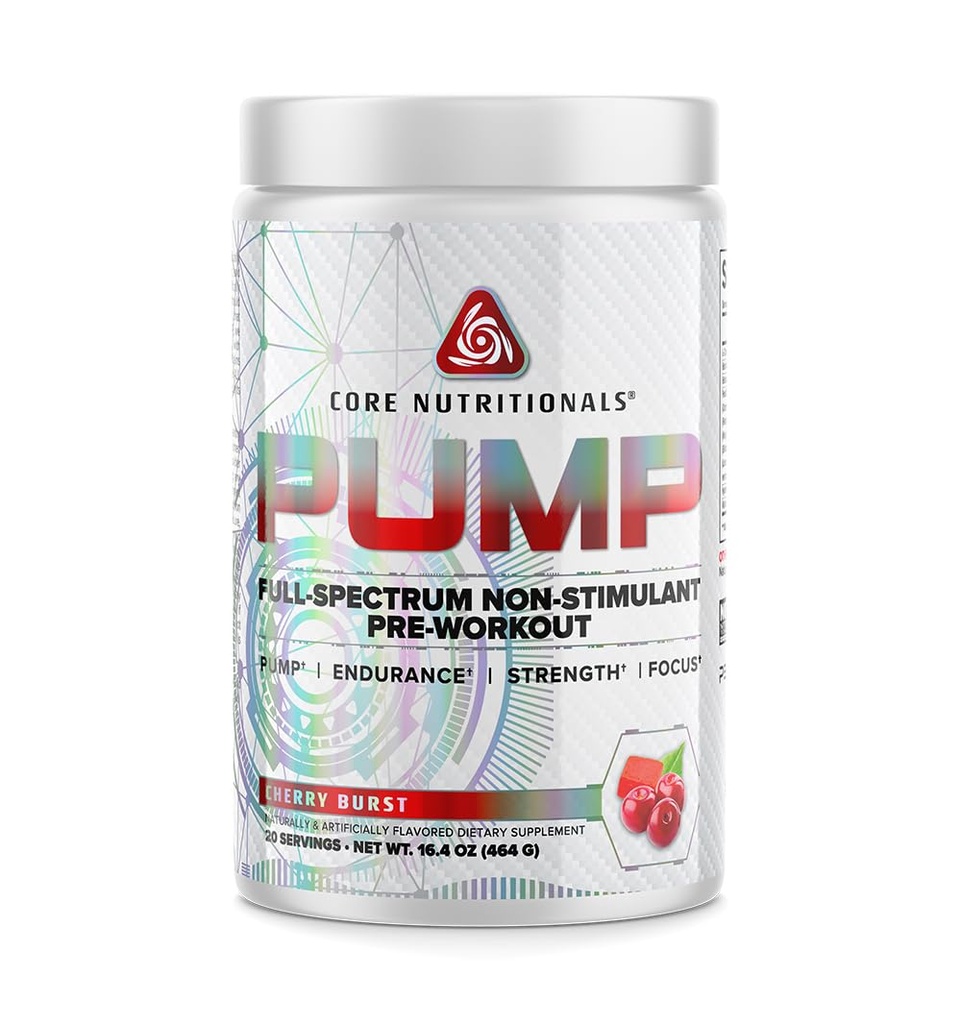 Nourriture de base Pump Full-Spectrum Non-Stimulant Pre-Workout, avec N03T Nitrate, Peak02, Alpha GPC, pour la pompe maximale, la force et la performance 20 portions (Cherry Burst)