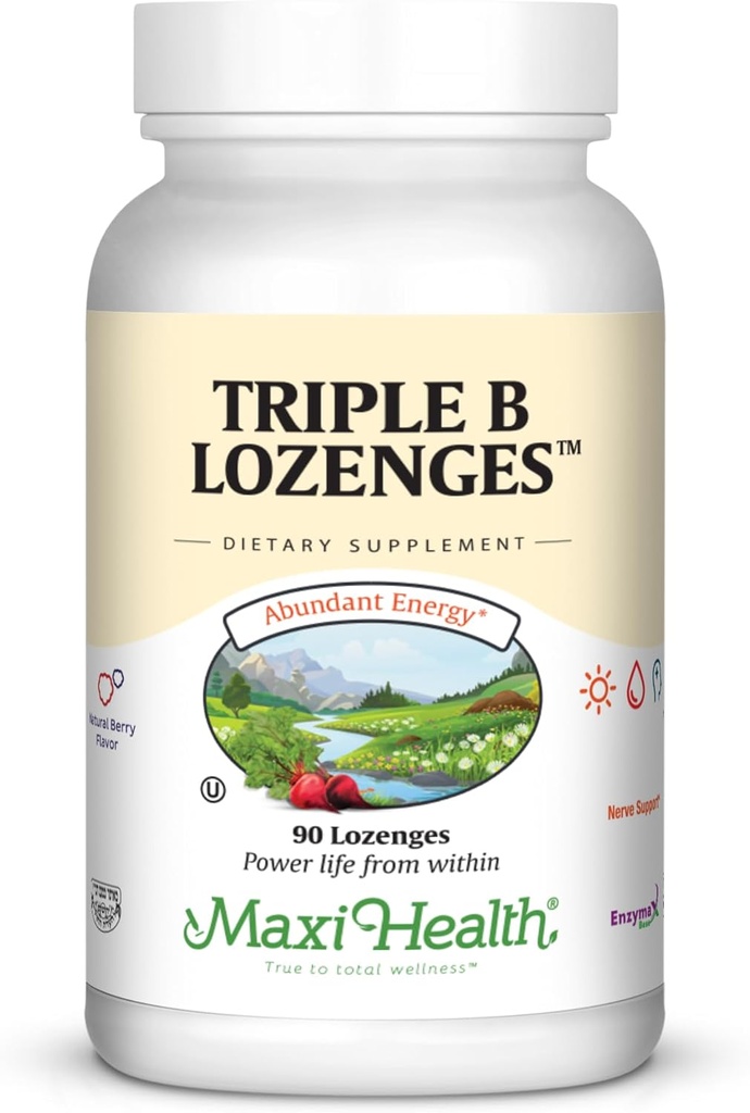 Maxi Health Triple B Lozenges - Vitamine B12 & B6 & Biotine - Fraise - 90 Chewies - Kosher