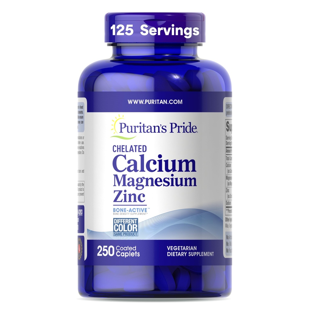 Puritan's Pride Premium Chelate Calcium Magnesium Zinc avec Bone-ActiveTM, complément alimentaire pour la santé osseuse et le soutien de la fonction immunitaire, 250 Caplets enduits