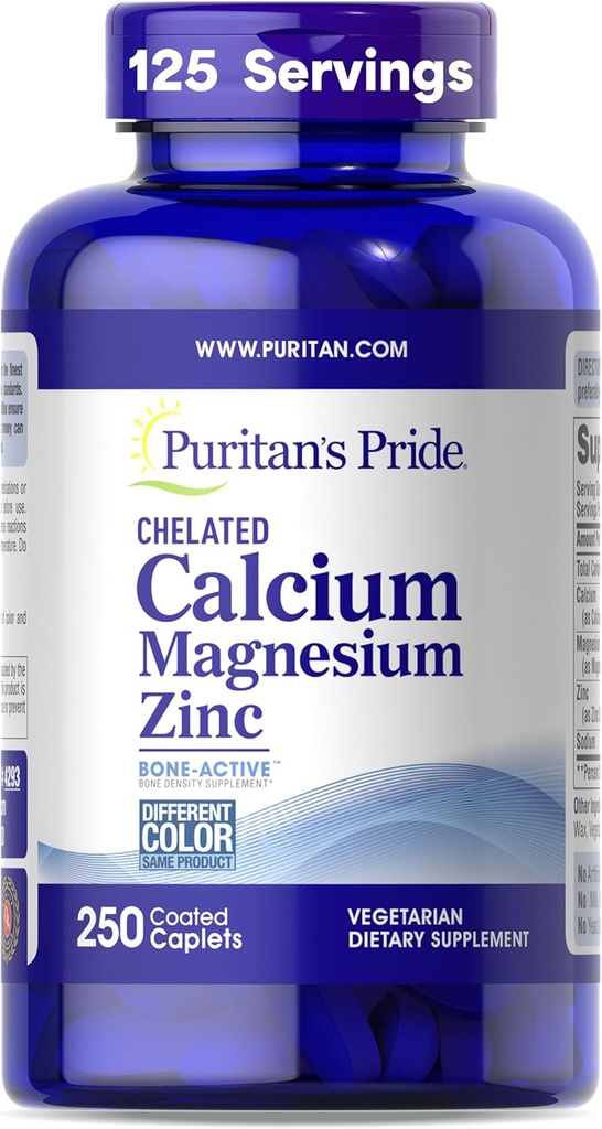 Puritan's Pride Premium Chelate Calcium Magnesium Zinc avec Bone-ActiveTM, complément alimentaire pour la santé osseuse et le soutien de la fonction immunitaire, 250 Caplets enduits