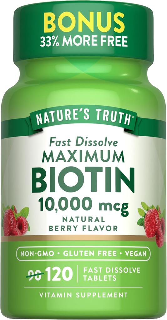 Nature's Truth Biotin 10000mcg.com 120 Comprimés Dissolvants Rapides.com Résistance Maximale.com Saveur de Berry Naturelle.