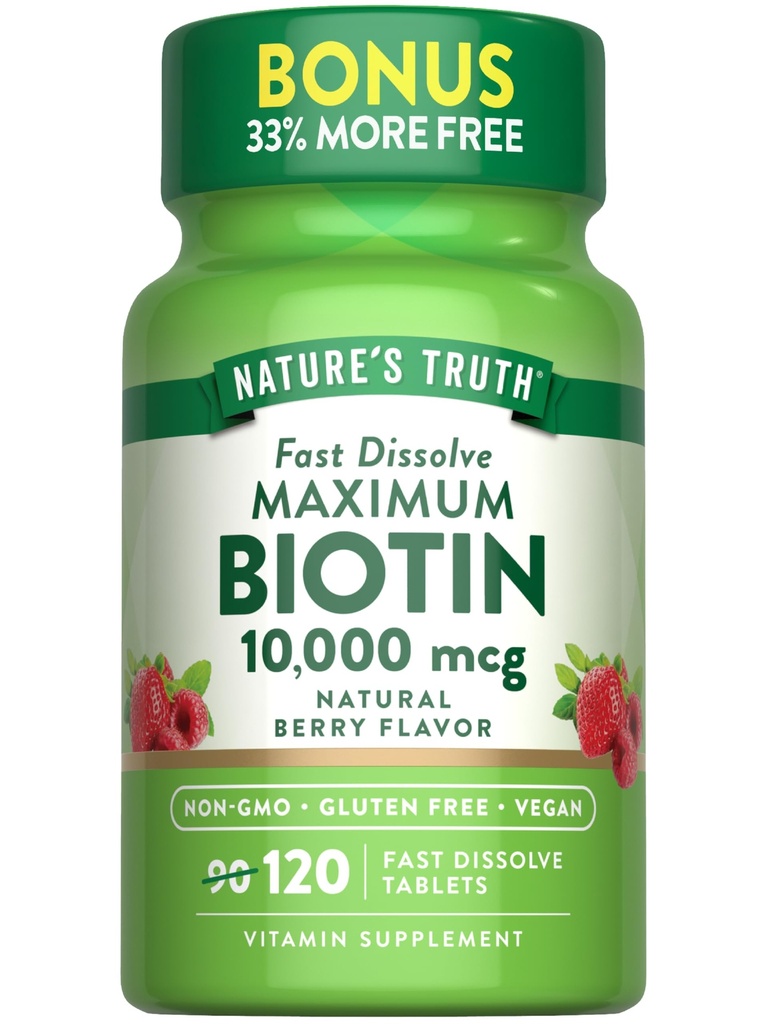 Nature's Truth Biotin 10000mcg.com 120 Comprimés Dissolvants Rapides.com Résistance Maximale.com Saveur de Berry Naturelle.