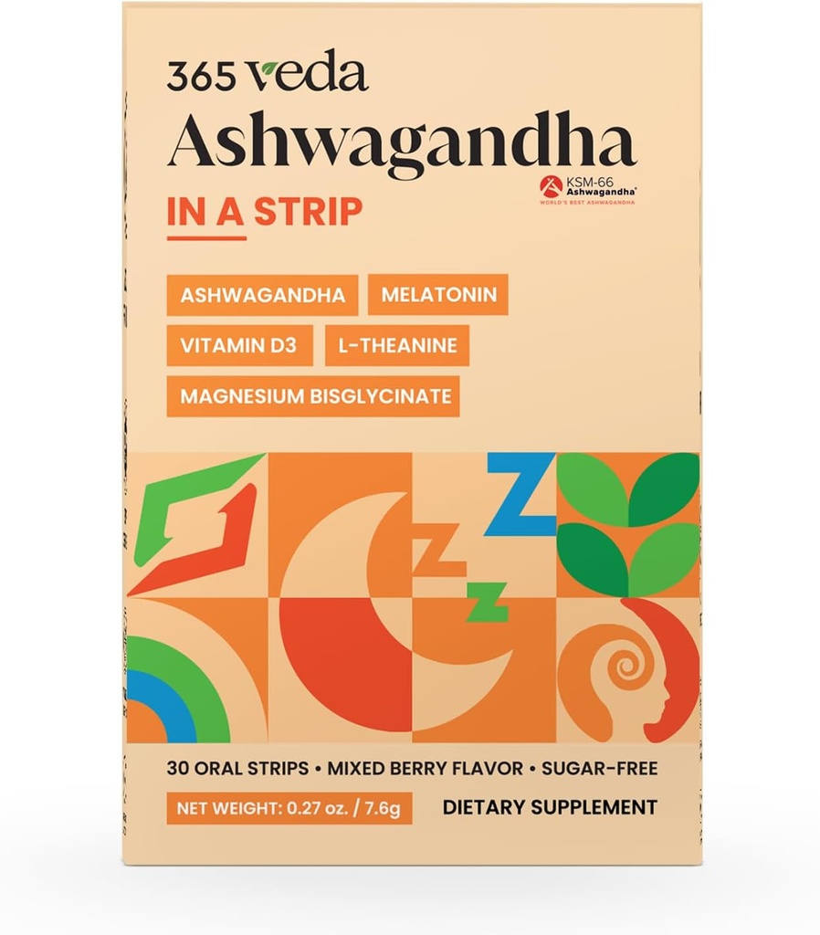 Ashwagandha Bandes Orales 100 mg KSM 66 Ashwagandha, L-Theanine, Mélatonine, Vitamine D3 et Magnésium, Bande Vegan pour hommes et femmes, Sans sucre, Non-OGM, 30 Bandes Orales (Berry)