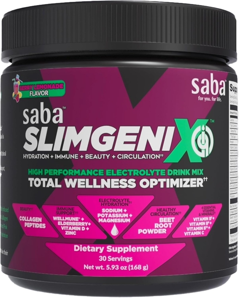 Saba SlimGenix IQ-en-1 Mélange de boissons optimisées , Berry Lemonade Saveur , Hydratation + Immune Support + Circulation + Beauté , 30 portions