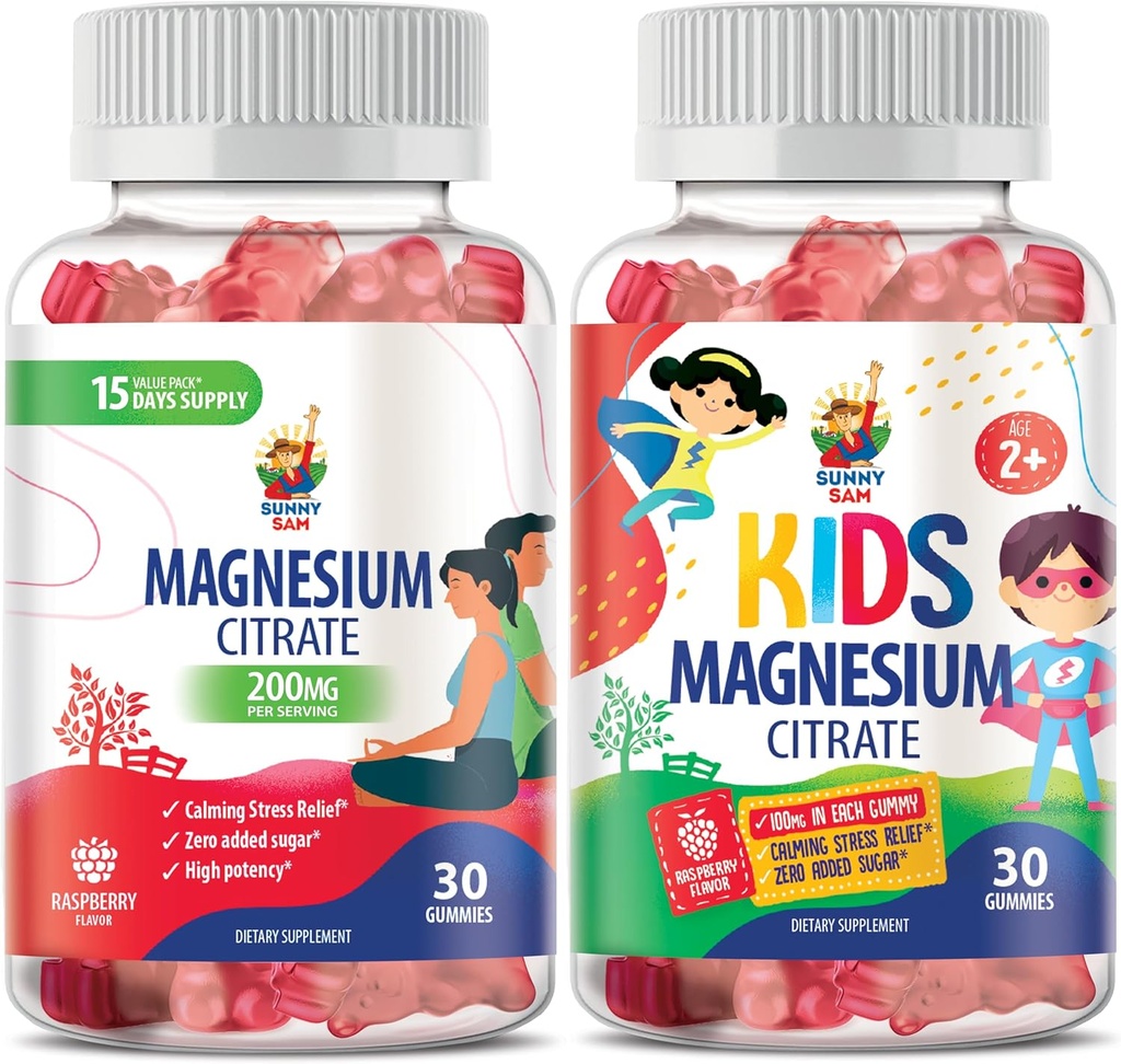 SUNNY SAM Gommies de magnésium pour les enfants et Gommies de magnésium pour les enfants et les adultes - 100mg - Calme Magnésium Chews - Magnésium Citrate Supplément à croquer pour le soutien de l'humeur et des muscles