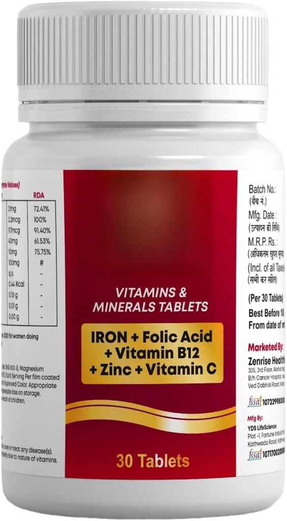 Fer B12 VIT acide FOLIC C pour énergie saine, stamina, immunité (paquet de 1, 30)