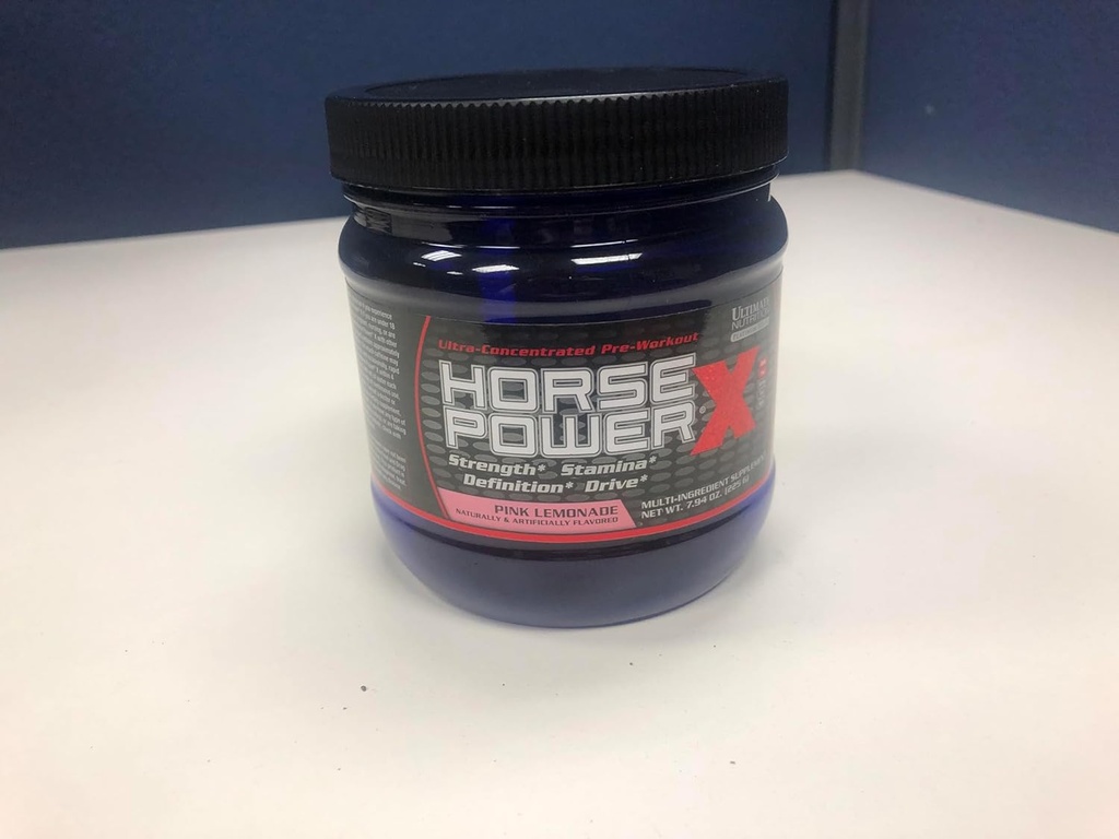 Ultimate Nutrition Cheval Power X, Supplément de préentraînement concentré, créatine et vitamine B12, force de soutien, citronade rose, 7,94oz (225g)