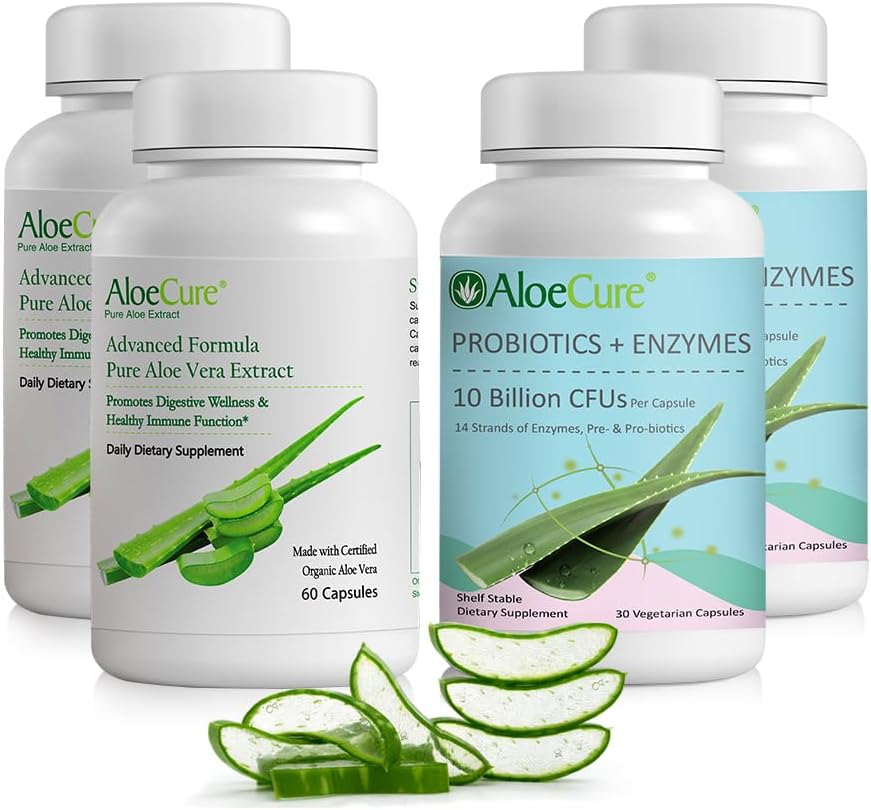 AloeCure Organic Aloe Vera Capsules Pack - 4 Pièces - 2 x Aloe Vera Capsules, 2 x Probiotiques + Enzymes