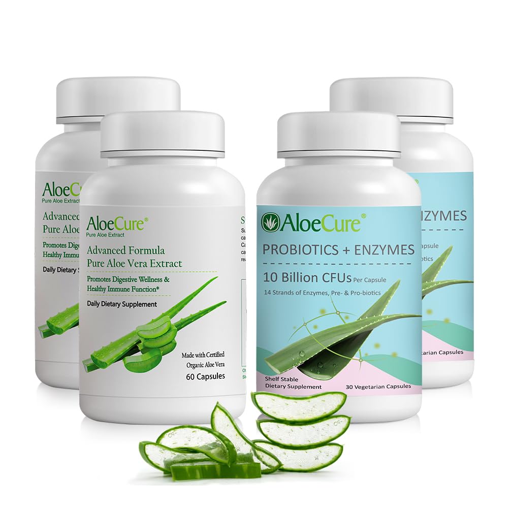 AloeCure Organic Aloe Vera Capsules Pack - 4 Pièces - 2 x Aloe Vera Capsules, 2 x Probiotiques + Enzymes