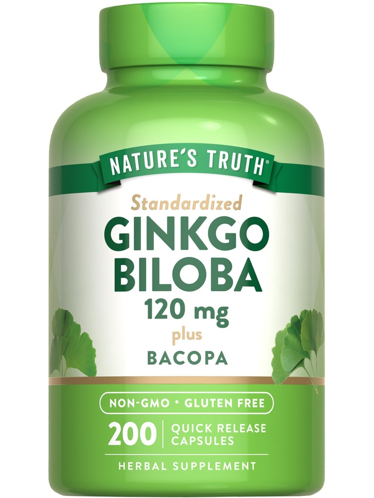 Nature's Truth Ginkgo Biloba 120mg.Plus Bacopa. 200 Capsules à libération rapide.Extrait normalisé.