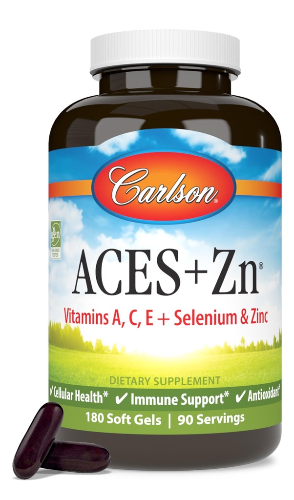 Carlson - ACES + Zn, Vitamines A, C, E + Sélénium et zinc, Santé cellulaire et soutien immunitaire, Antioxydant, 180 Softgels