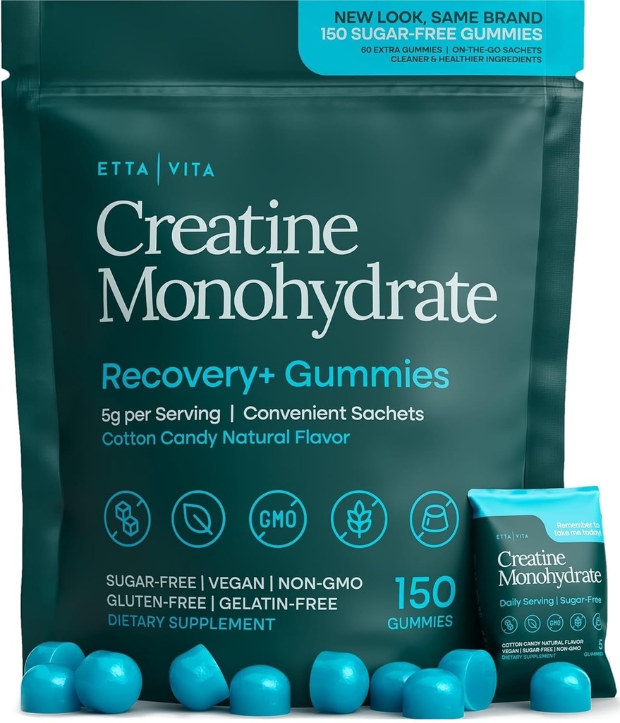 Gommies monohydratées de créatine sans sucre (5g par paquet) - Gommies de créatine pour hommes et femmes, supplément pour le soutien musculaire, fonction cognitive - Non-OGM, sans gluten, Mucuna Pruriens