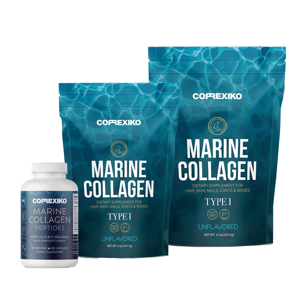 CORREXIKO Supplément de collagène marin Pills & Powder Bundle - Comprend 10 000mg Double poudre de collagène hydrolysée 15 oz & 5 oz et 1800mg Collagène Peptides 120 Capsules - pour cheveux, peau et ongles