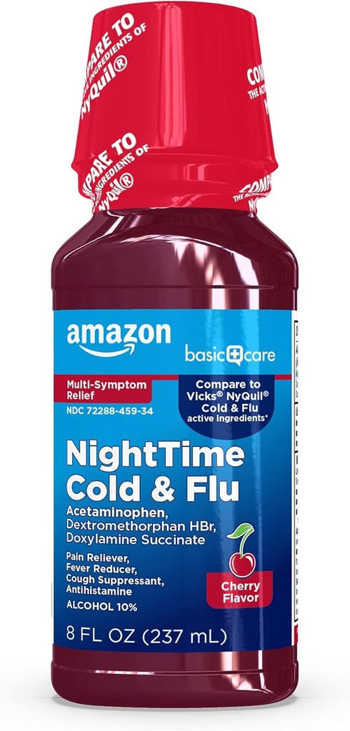 Soins de base Sirop de rhume et de grippe nocturne, soulagement de la douleur, réducteur de fièvre, suppresseur de la toux, antihistaminique, cerise, 8 fl oz (paquet de 1)
