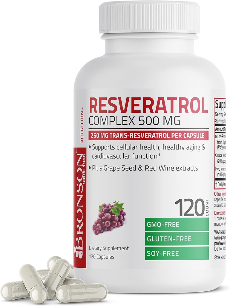 Bronson Resveratrol 500 Complex Standardized Trans-Resveratrol + Grape Seed & Red Wine Extract, 120 Capsules