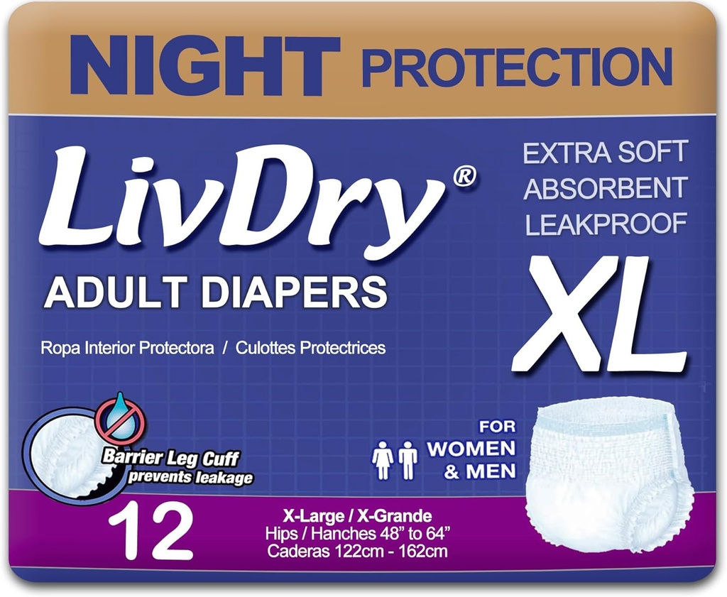 LivDry XL couches pour adultes de nuit pour femmes et hommes, Incontinence Sous-vêtements, X-Grand, 12-Pack