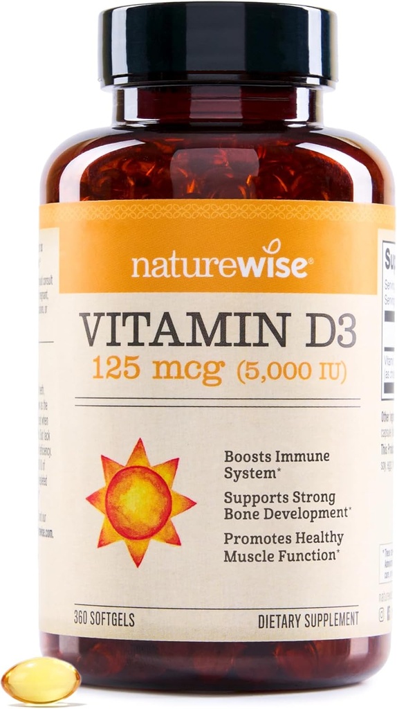 NatureWise Vitamine D3 5000iu (125 mcg) 1 an d'approvisionnement pour le soutien immunitaire, la fonction musculaire saine et la santé des os - Non-OGM, sans gluten dans l'huile d'olive vierge extra biologique, (Mini Softgel), 360 Nombre