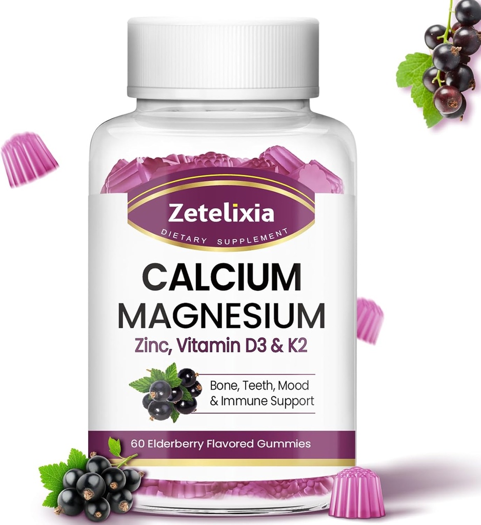 Gommies de calcium avec D3, supplément de magnésium de calcium avec Glycinate,Potassium,Vitamine D3 & K2, &Whole Natural Food for Bone & Immune Support- 60 Gummy à croquer Arômes