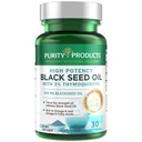Produits de pureté Huile de graines noires à haute puissance - Double résistance + pression froide - 3% Thymoquinone - 500 mg Huile de graines de cumin noir - Omega 6 + 9 Acides gras essentiels - Facile à avaler - 30 Mini Softgels
