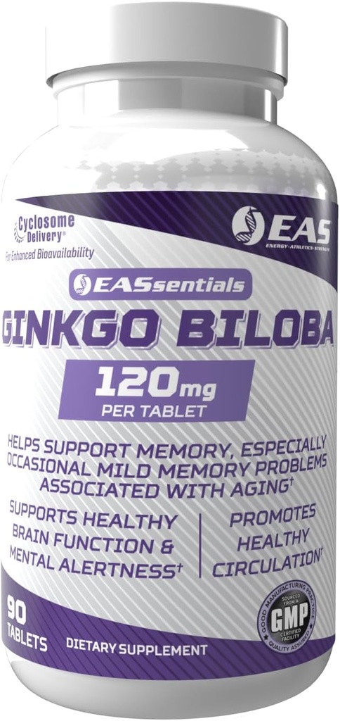 EAS Experimental and Applied Sciences Ginkgo Biloba 120mg=Support de la fonction cérébrale & de la mémoire=High Levels of Flamonoïdes & Terpénoïdes=Mieux Absorption avec livraison de cyclosome=90 comprimés