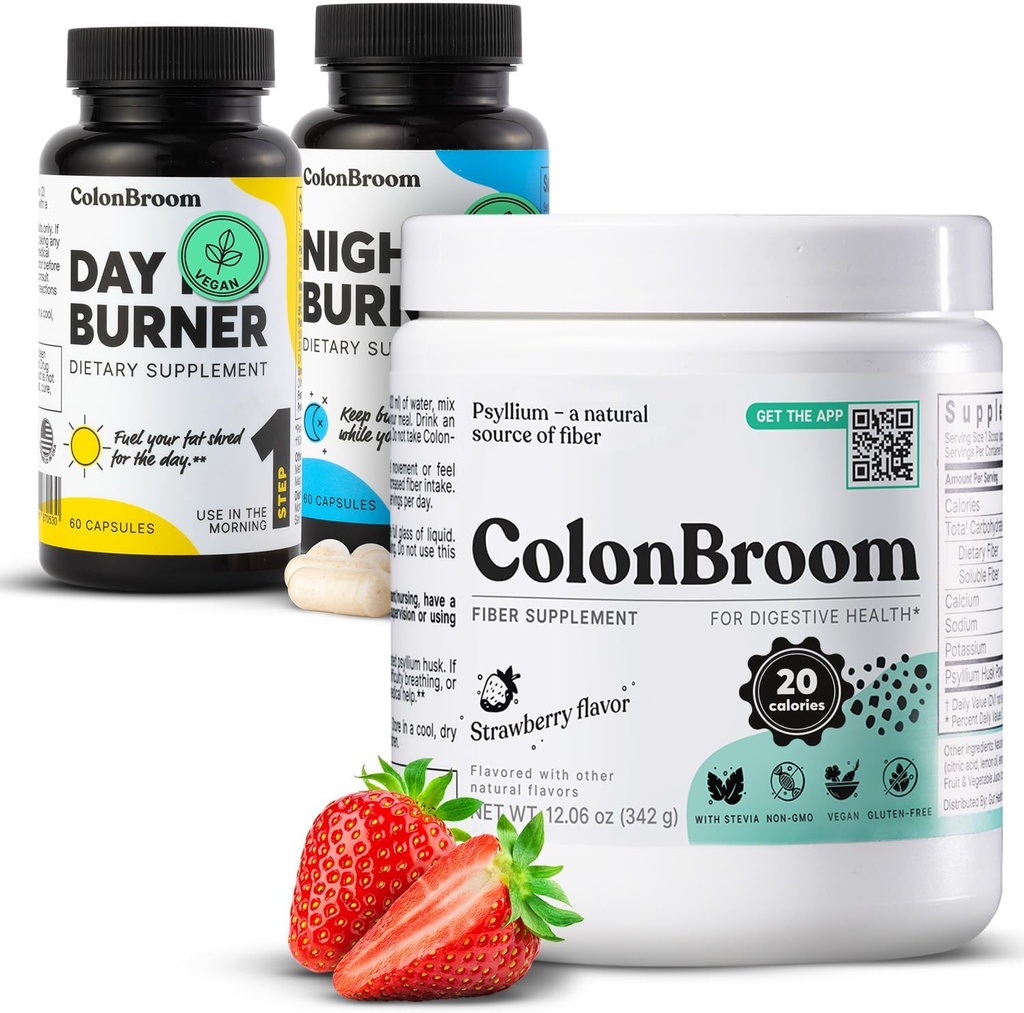 ColonBroom Psyllium Husk Powder, Colon Broom Colon Cleanser Fiber Supplément pour le soulagement des ballonnements et la santé des vautours + Suppléments pour brûleurs de jour et de nuit, pilules de gestion du poids (60 portions), 3 articles